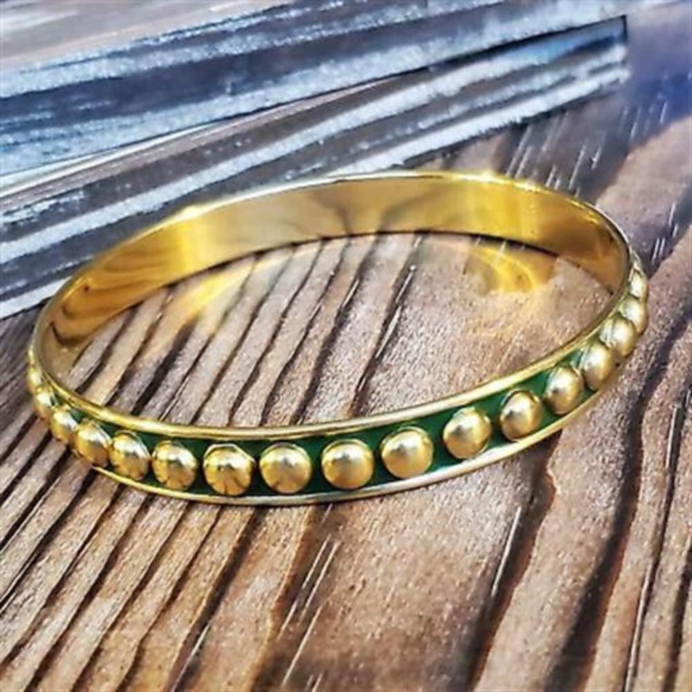 India Raw Brass Dotted Enamel Bracelet Green
